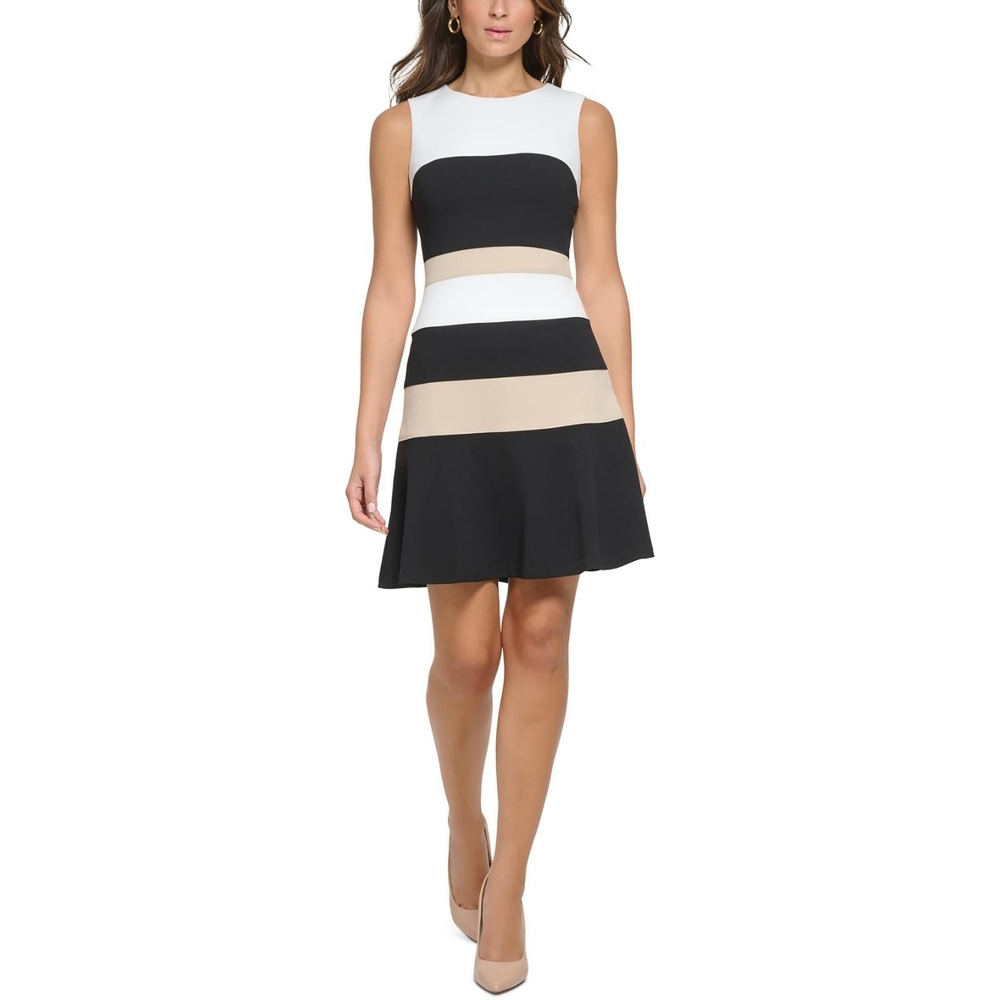Tommy Hilfiger Sleeveless Striped Fit-and-Flare Dress in Black, White & Beige